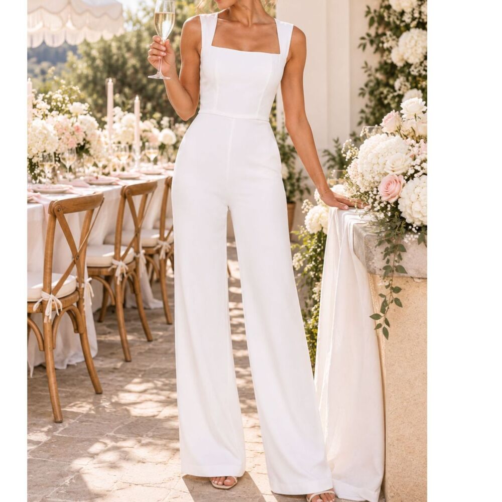 Lulus Enticing Endeavors White Wide Leg Jumpsuit M Bridal Wedding Minimalist